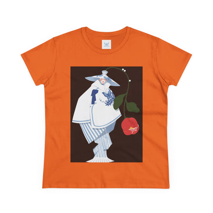 Blue & White Porcelain Geisha Women's Midweight Cotton Tee – Refined Elegance & Timeless Charm