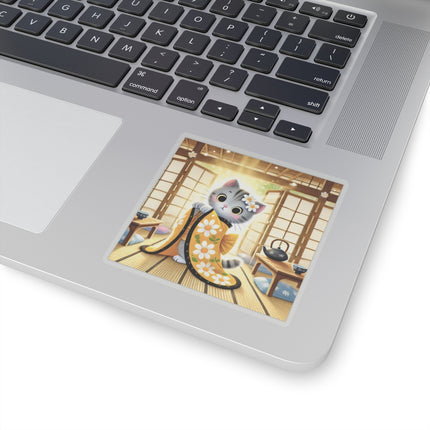 Playful Kitten in the Tea Room Kiss-Cut Stickers (4 Sizes)