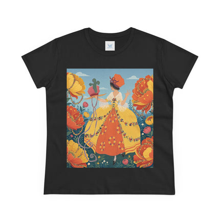 🧡🌼 The Golden Flower Promenade Cotton Tee – Art Deco Floral Elegance