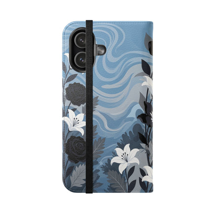 🖤🤍 The Lady Of The Black Rose Garden Flip Case – Art Deco Floral Elegance