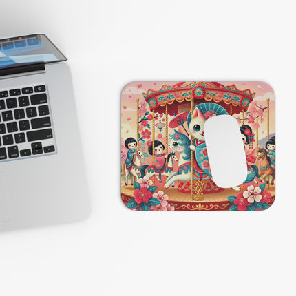 Geisha Kitten's Enchanted Carousel Ride Mouse Pad – Whimsical Dreams & Cherry Blossom Magic