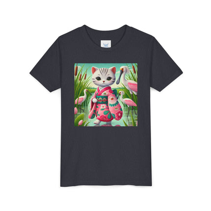 Geisha Kitten Strolls Among the Spoonbills Youth Short Sleeve Tee