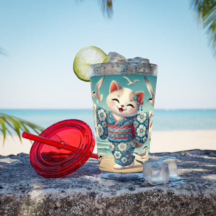 Geisha Kitten by the Seaside Sunsplash Tumbler with Straw, 16oz