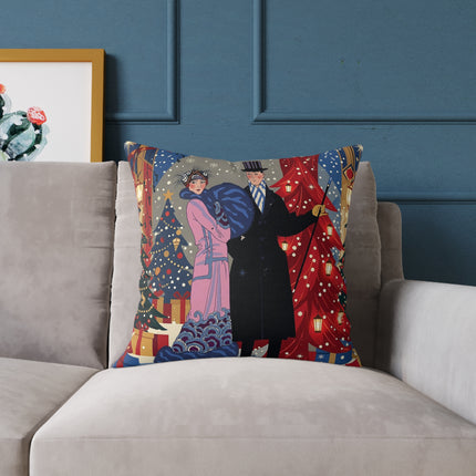 🎄✨ Christmas Eve Promenade Square Pillow – Art Deco Holiday Romance