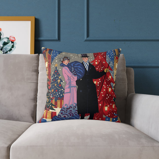 🎄✨ Christmas Eve Promenade Square Pillow – Art Deco Holiday Romance