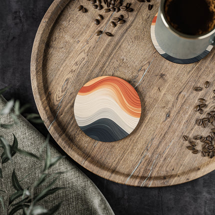 Wave Pattern in Hues of Beige, Orange, Grey, and Black Coasters