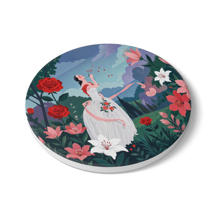 🌹💌 The Garden Of Blown Kisses Ceramic Coaster – Art Deco Floral Romance
