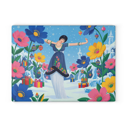 🌸❄️ The Lady Of The Enchanted Winter Garden Glass Cutting Board – Art Deco Holiday Fantasy