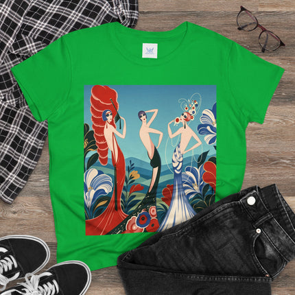 🌹🎭 The Three Ladies Of The Floral Promenade Cotton Tee – Art Deco Fashion Elegance