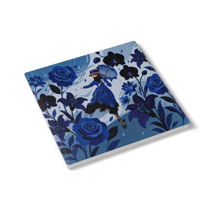 ☔💙 The Blue Rain Promenade Ceramic Coaster – Art Deco Floral Fashion