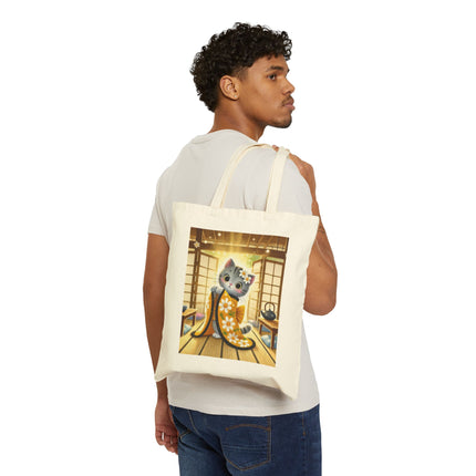 Playful Kitten in the Tea Room Cotton Canvas Tote Bag – Curious Charm & Cozy Whimsy