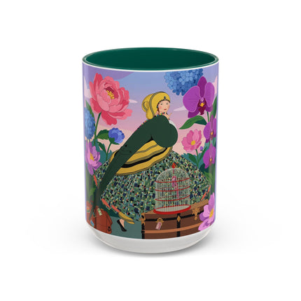 The Lady And The Crimson Birdcage Colorful Mugs – Art Deco Tropical Garden Elegance