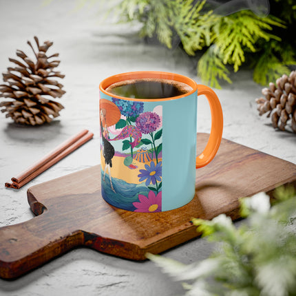 The Lady Of The Coral Parasol Colorful Mugs – Art Deco Coastal Elegance