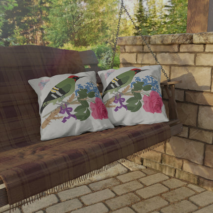 Woodpecker & Rose Outdoor Pillows – Vibrant Nature & Timeless Charm
