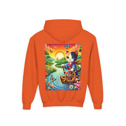 Sailor Kitten’s River Adventure Youth Hooded Sweatshirt – Playful Journey & Colorful Discovery