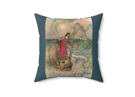 Rita Rides on the Dolphin by Warwick Goble Spun Polyester Square Pillow
