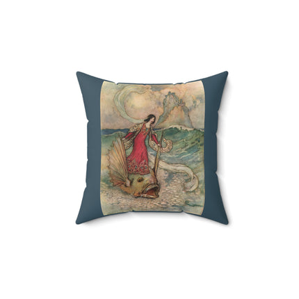 Rita Rides on the Dolphin by Warwick Goble Spun Polyester Square Pillow