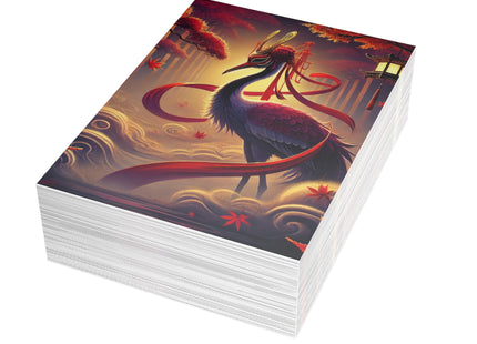 Regal Crimson Crane in the Autumn Mist Postcards (envelopes included) - Bundles of 10, 30, 50 Pieces
