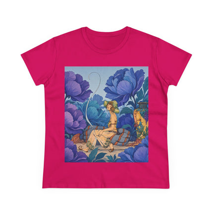 💙🌸 The Lady Among The Blue Blossoms Cotton Tee – Art Deco Floral Reverie
