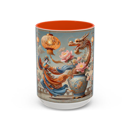 Golden Dragon & Lantern Lady Colorful Mug – Imperial Dragon & Elegant Harmony