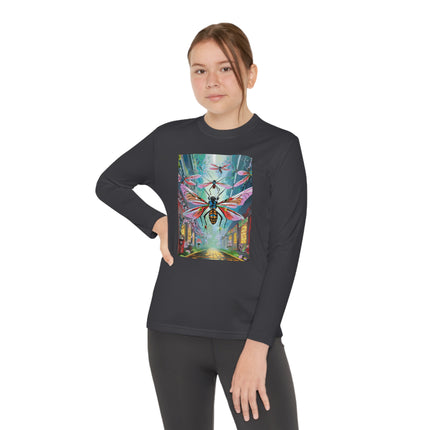 Neon Swarm Youth Long Sleeve Competitor Tee – Cyberpunk Flight & Futuristic Energy