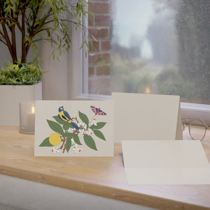 Blue Tit & Butterfly Greeting Card – Elegant Charm & Springtime Grace