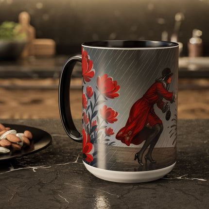 ☔🌹 The Scarlet Rainstorm Promenade Colorful Mug – Art Deco Motoring Elegance
