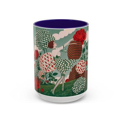 🌹💚 The Scarlet Rose Checkerboard Garden Colorful Mug – Art Deco Floral Whimsy