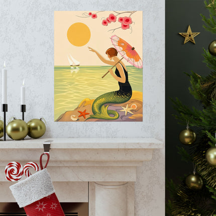 🧜‍♀️🌸 The Lady Of The Seaside Parasol Matte Vertical Poster – Art Deco Mermaid Fantasy