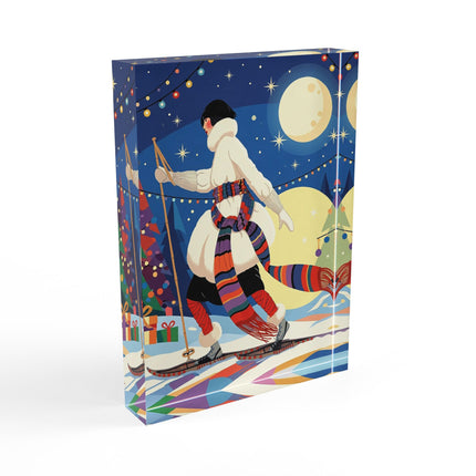 🌙🎿 The Moonlit Christmas Skier Acrylic Art Block – Whimsical Holiday Fantasy