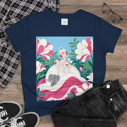 🌸🐘 The Pink Blossom Companion Cotton Tee – Art Deco Floral Whimsy