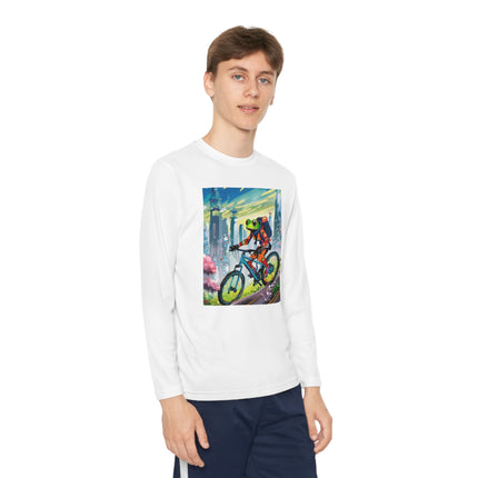 Cyberpunk Frog Youth Long Sleeve Competitor Tee – Neon Trails & Futuristic Adventure