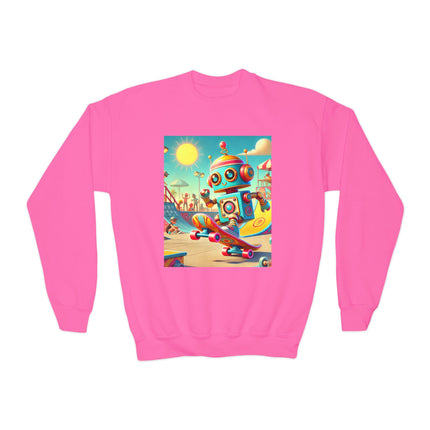Skate Park Robot Youth Crewneck Sweatshirt – Energy, Motion & Retro-Futuristic Fun