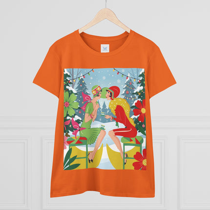 ☕❄️ Christmas Tea In The Snow Garden Cotton Tee – Art Deco Holiday Friendship