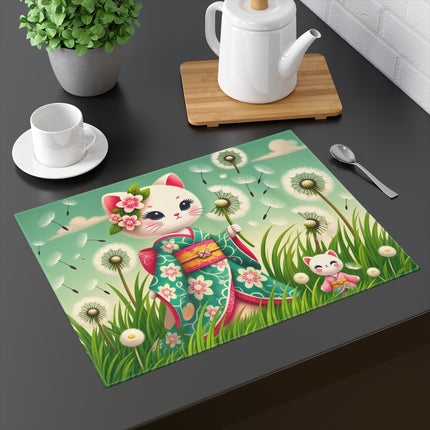 🐱🌼 Geisha Kitten and the Dandelion Wish Placemat – Enchanted Spring Meadow Fantasy