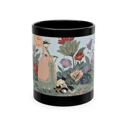 🐈🥾 The Lady & Puss In Boots In The Flower Garden Ceramic Mug – Art Deco Storybook Whimsy