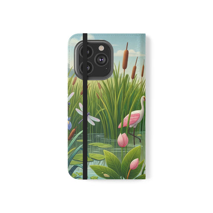 🦩🌸 Geisha Kitten Strolls Among the Spoonbills Flip Case – Serene Grace & Marshland Wonder