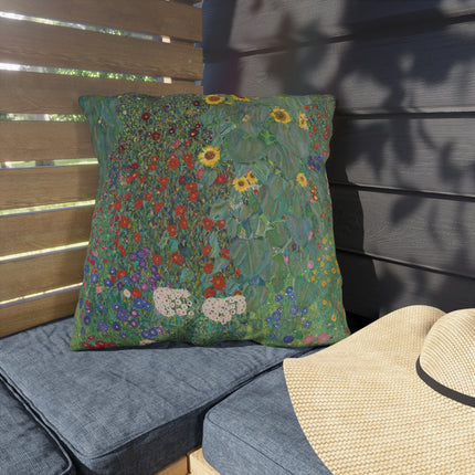 Farm Garden with Sunflowers by Gustav Klimt Outdoor Pillows