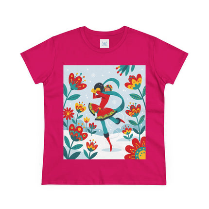 ⛸️🌺 The Winter Flower Skater Cotton Tee – Whimsical Winter Fashion