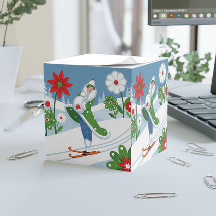 🎿🌺 The Winter Garden Skier Note Cube – Retro Winter Botanical Fantasy