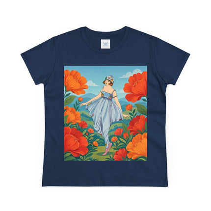 🌺🩵 The Poppy Hill Promenade Cotton Tee – Art Deco Fashion Whimsy