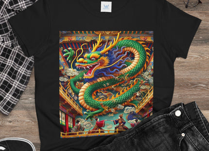 Tibetan Dragon Over Kabuki Duel Women's Midweight Cotton Tee