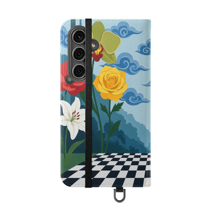 🌺♟️ The Ladies Of The Checkerboard Garden Flip Case – Art Deco Floral Fantasy