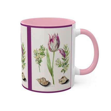 Tulip, Branches of Myrtle and Shells by Maria Sibylla Merian Colorful Mugs, 11oz