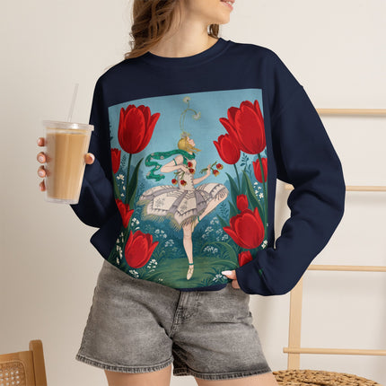 🌷🩰 The Scarlet Tulip Ballet Crewneck Sweatshirt – Art Deco Floral Whimsy