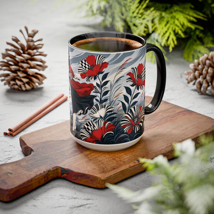 ☔🌹 The Scarlet Checkerboard Rainstorm Colorful Mug – Art Deco Floral Elegance