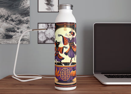 Theatrical Halloween Kabuki Mice on Teacup  Slim Water Bottle