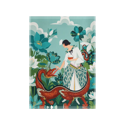 🐉🌿 The Lady Of The Enchanted Dragon Acrylic Art Block – Art Deco Botanical Whimsy
