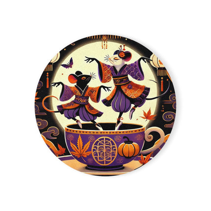 Theatrical Halloween Kabuki Mice on Teacup Cork Back Coaster