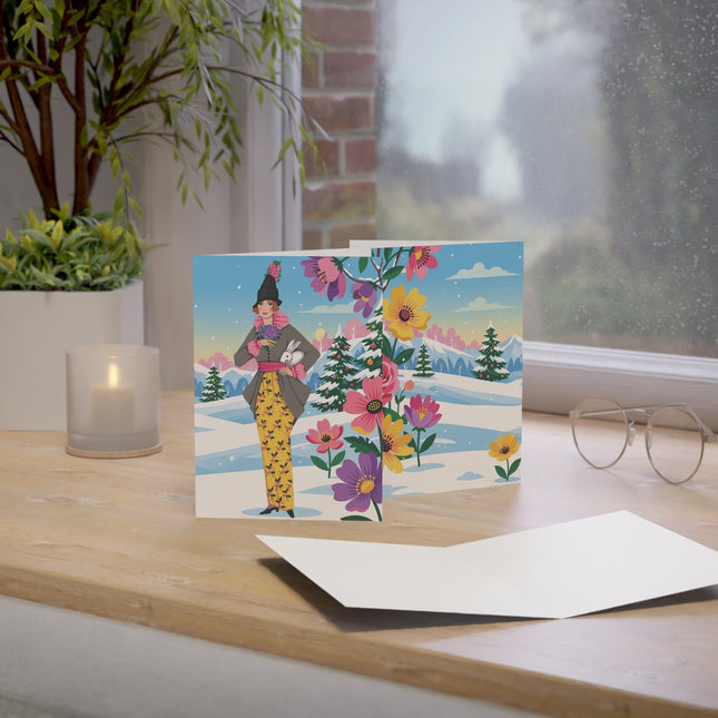 🐇🌸 The Lady Of The Winter Rabbit Greeting Card – Art Deco Holiday Fantasy